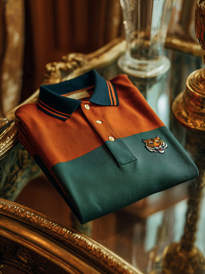 Men's Classic Business Check Logo Button Short Sleeve Polo Shirt