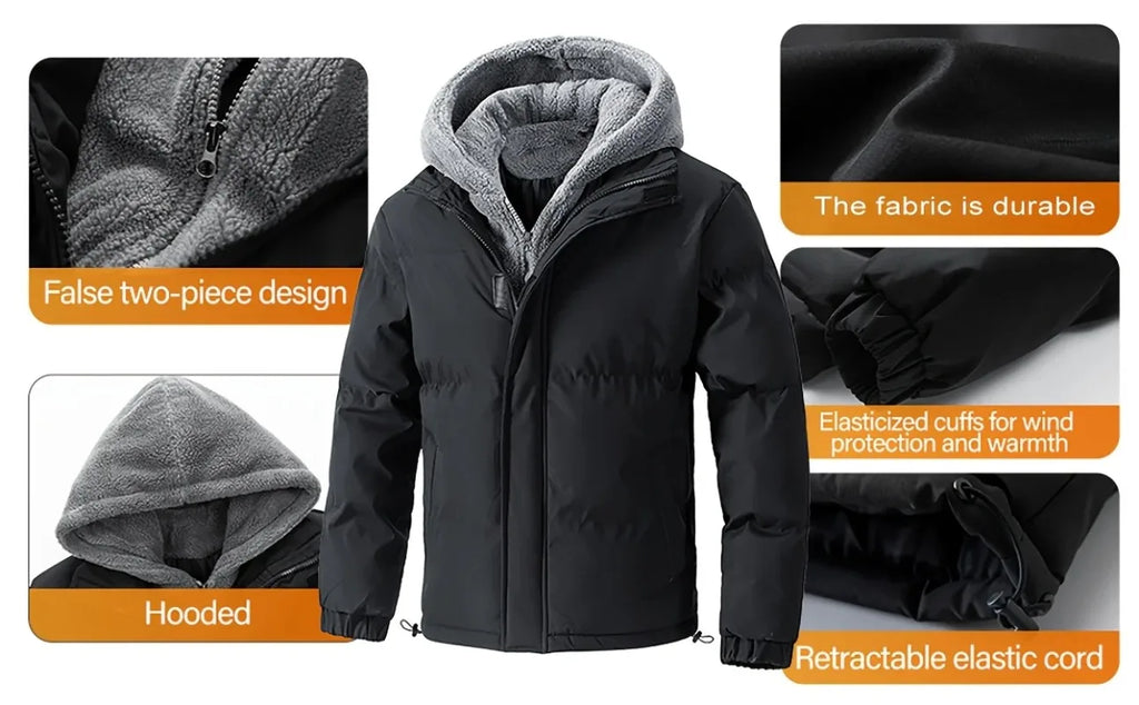 Winter Windproof Men's Faux Jacket Casual Polyester Coat with Detachable Hood Zip-Up Front Long Sleeves & Pockets Winter Clothes