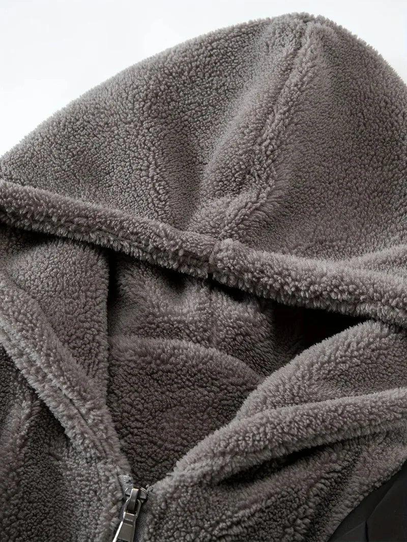 Winter Windproof Men's Faux Jacket Casual Polyester Coat with Detachable Hood Zip-Up Front Long Sleeves & Pockets Winter Clothes