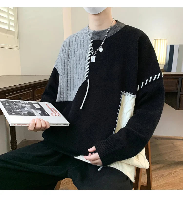 Oversized Men’s Knit Sweater – Color Block Design