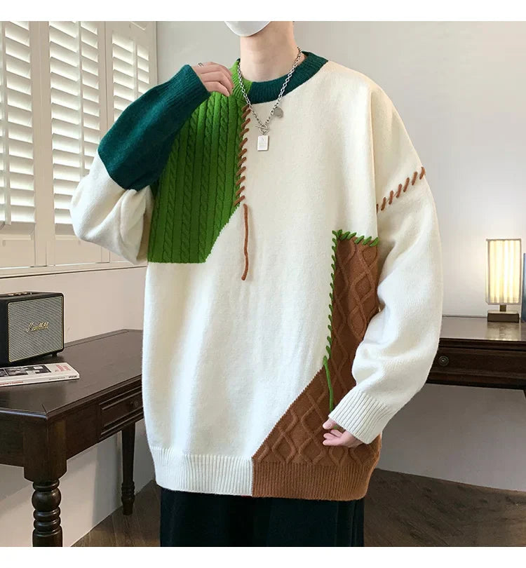 Oversized Men’s Knit Sweater – Color Block Design