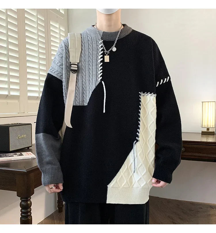 Oversized Men’s Knit Sweater – Color Block Design