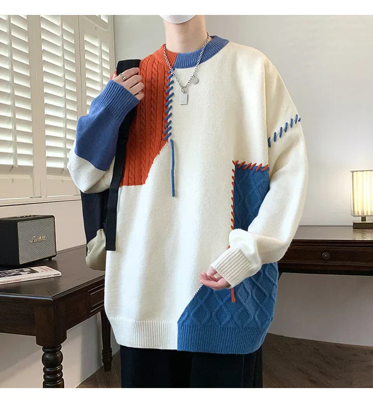 Oversized Men’s Knit Sweater – Color Block Design