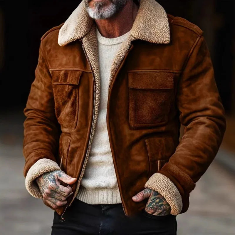 Winter Men's Lapel Zipper Cotton Jacket Coat Retro  Solid Color Warm Fake Pocket Zipper Men's Casual Jacket Coat Top Streetwearg