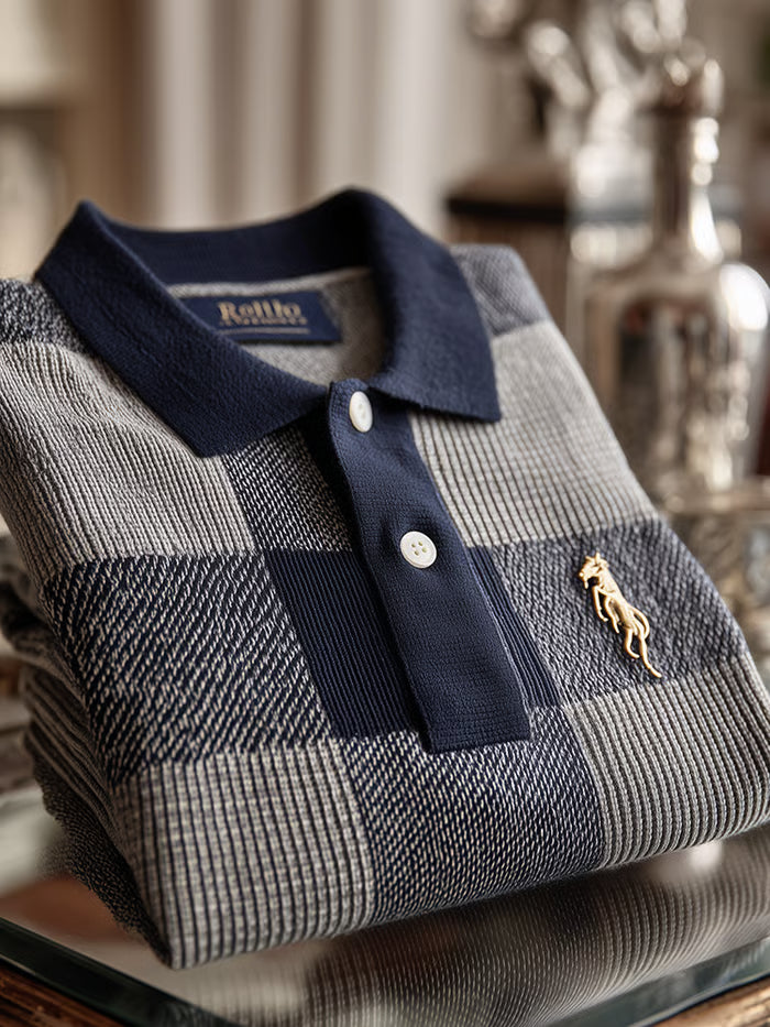 TeeCrate Men’s Check Business Casual Short Sleeve Ribbed Knitting Polo Shirt